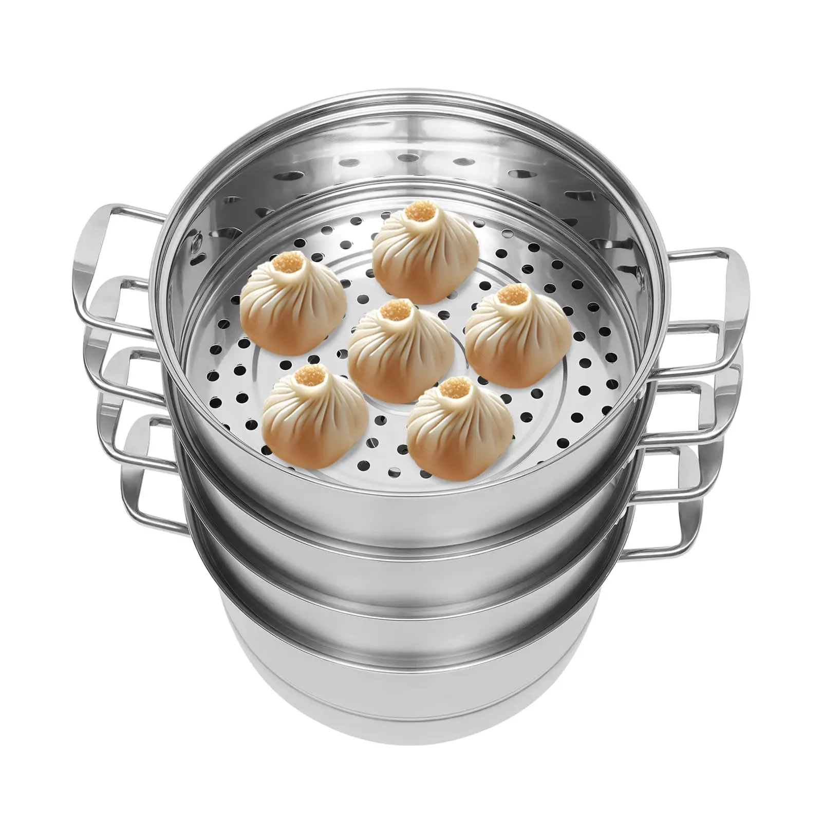 

5-Tier 304 Stainless Steel Steamer Pot, Large Capacity Kitchen Steamer Cooker with Visual Lid, 3 Steaming Compartments, 2 Steamers
