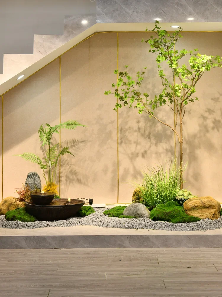 Mountain stone landscaping ornament light luxury high-end villa pastoral style simulation green plant indoor landscape