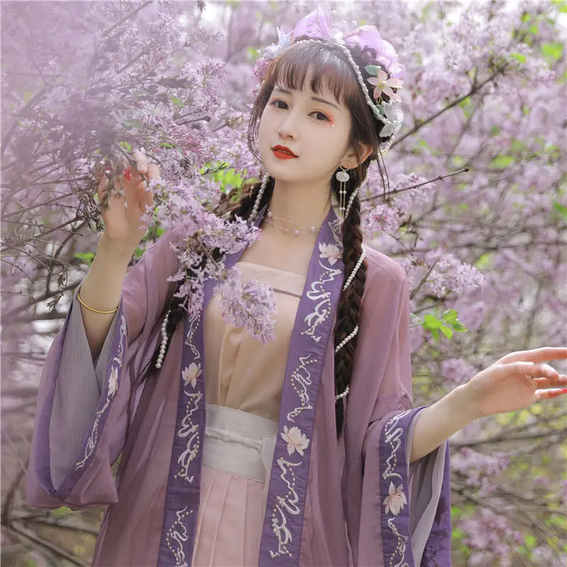 الصينية التقليدية Hanfu التطريز الأصلي مجموعة ثوب طويل الخصر طول تنورة Hanfu المرأة ملابس الصيف Hanfu رداء تأثيري