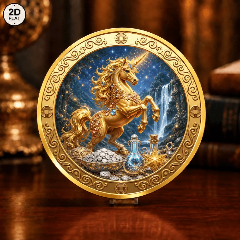 1pc Golden Unicorn & Griffin Challenge Coin 2D Print Fantasy Castle Treasure Commemorative Medal Keepsake Gifts for Collection