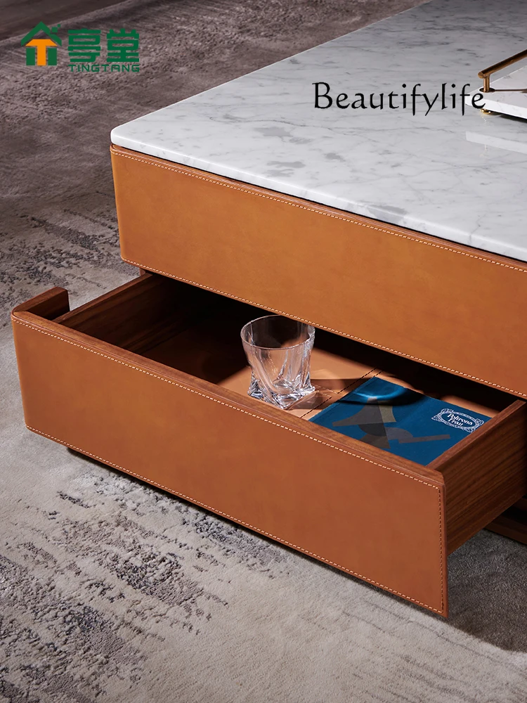 Italian Mild Luxury Marble Coffee Table Designer Model Living Room Modern Simple Home Saddle Leather Tea Table