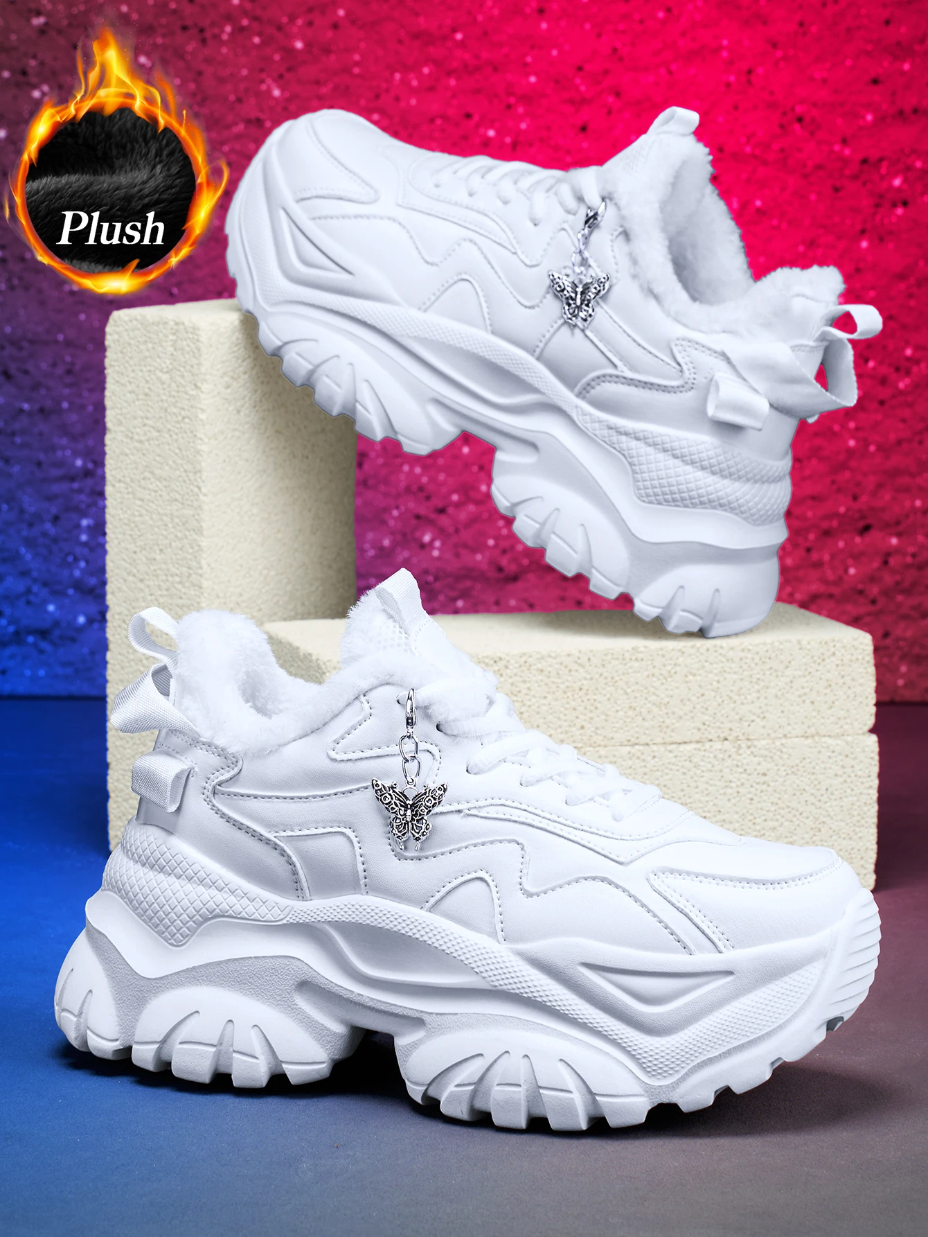 Damen-Winterschuhe für den Außenbereich, modische, vulkanisierte Schuhe, Eva, leicht, mit dicker Sohle, 7 cm Absatzhöhe, lässige Sneaker mit abnehmbarem, silberfarbenem Schmetterlingsanhänger im Punk-Stil, bequeme und warme weiße Schuhe für den täglichen Gebrauch. – Detail 7