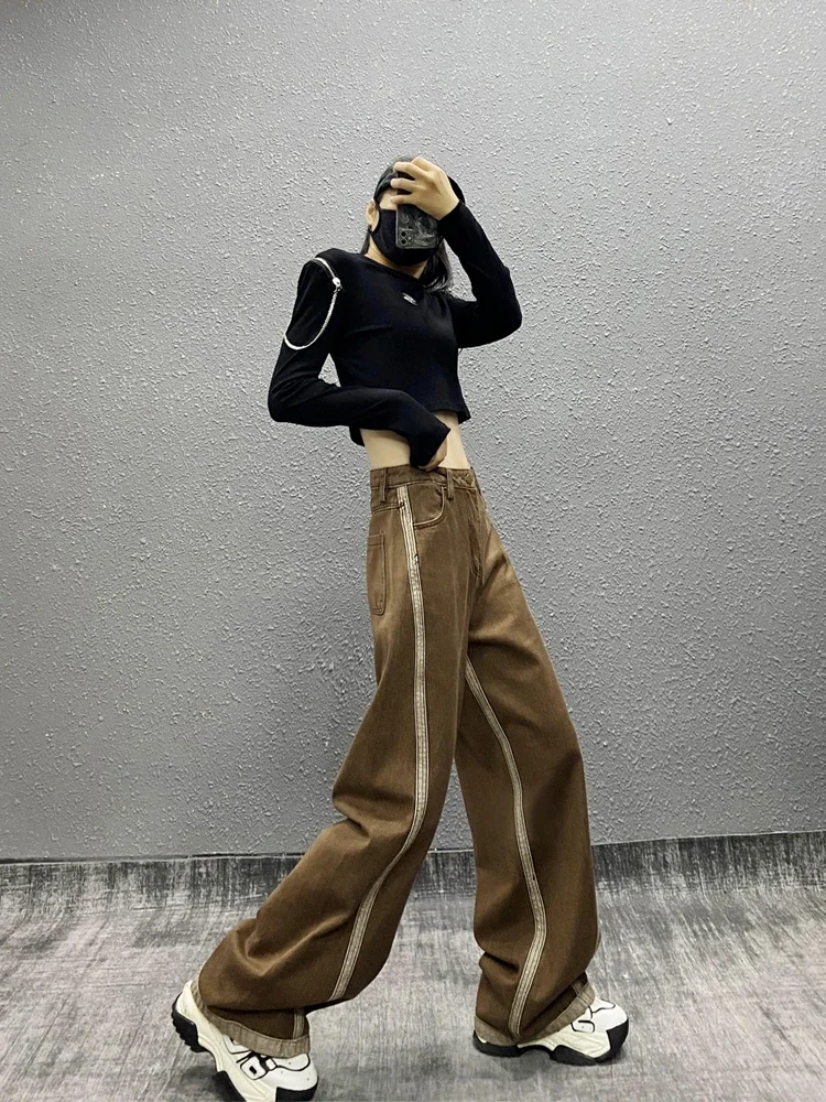 Oblique stripe color matching design casual jeans women's autumn new high waist loose and thin versatile straight wide-leg pants