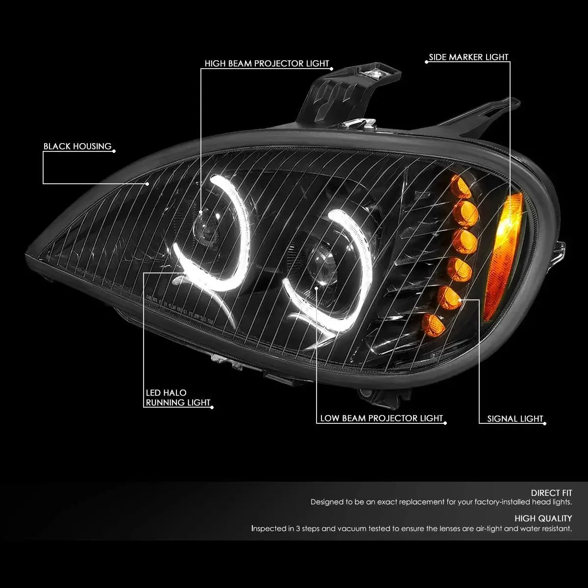 Pair Black Housing LED DRL Dual Projector Headlight Lamps Compatible with Freightliner Columbia 04-17