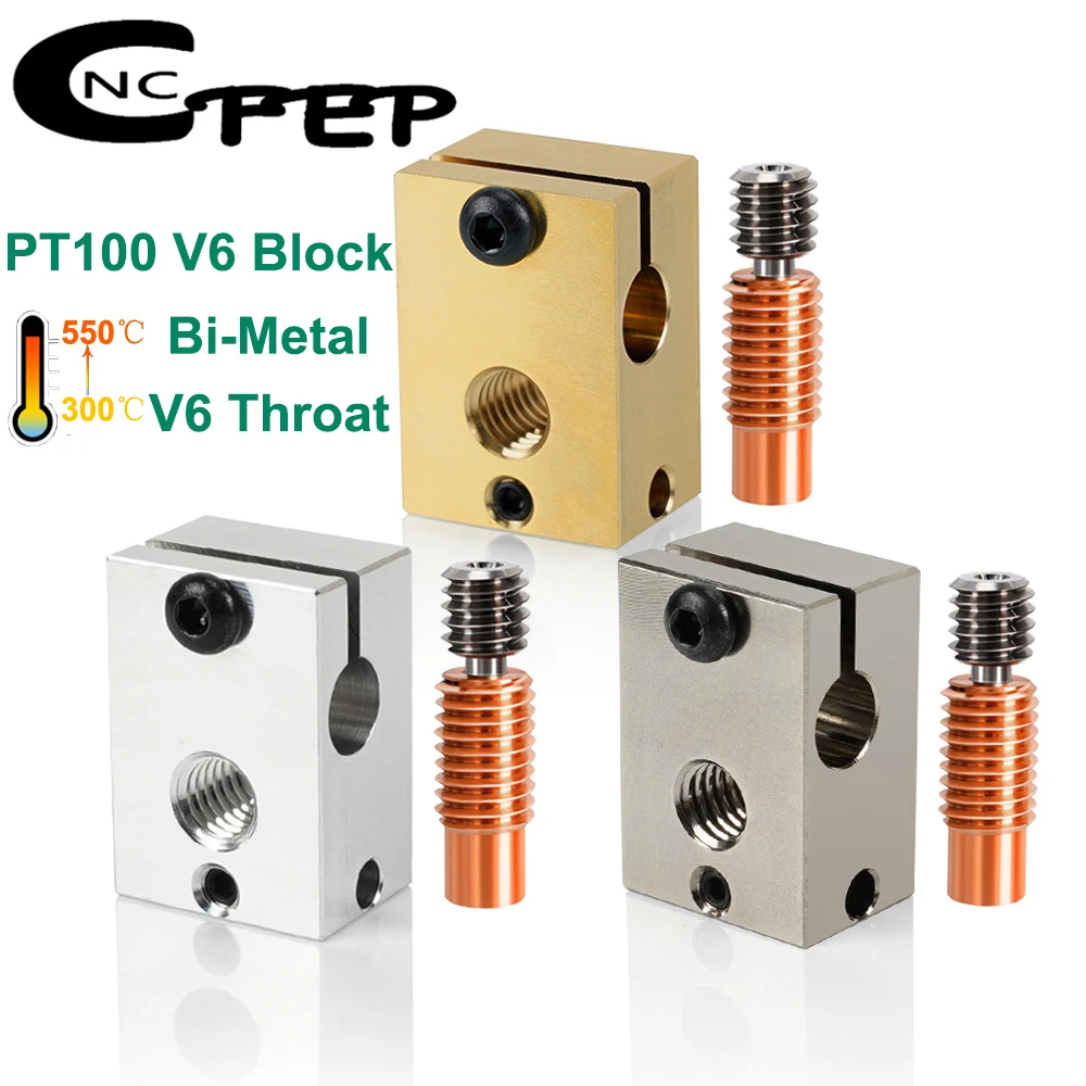 1Set PT100 V6 Heated Block Aluminum Brass Plated Copper E3D Heatblock V6 Throat Bimetal Heatbreak For 3D Printer Hotend Extruder