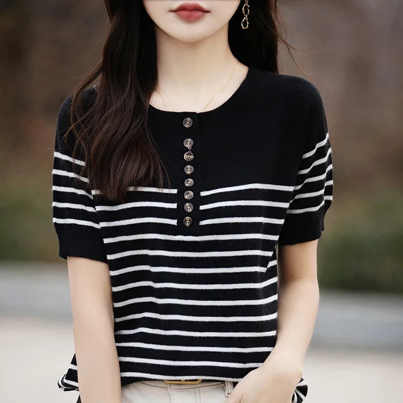 

Women's O-Neck Stripe Knitted Sweater Summer Short Sleeve Casual Pullover T-Shirt Thin Korea Fashion Knit Top for Girls