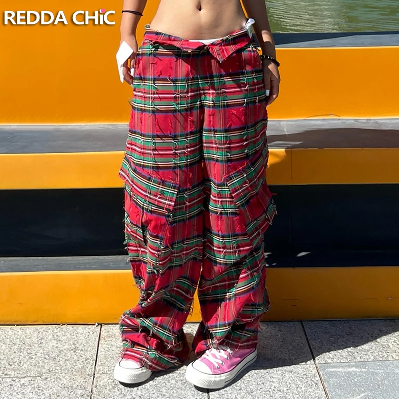 REDDACHiC Color Block Plaid Ripped Cargo Pants Retro Tartan Tassels Straight Wide Leg Jazz Dancer Skater Hip Hop Women Trousers