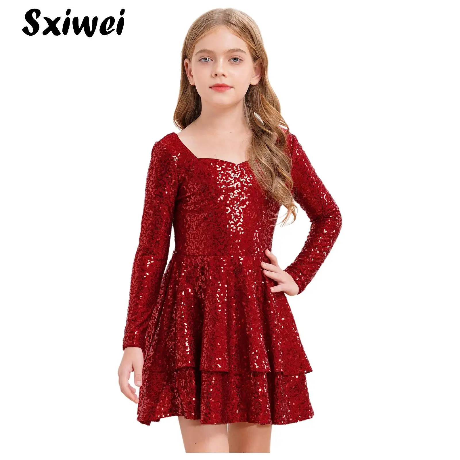 

Girls Sequin Dress Sparkly Fancy Formal Party Prom Pageant Birthday Graduation Dresses Movie Star Ruffle Double Layer Mini Dress