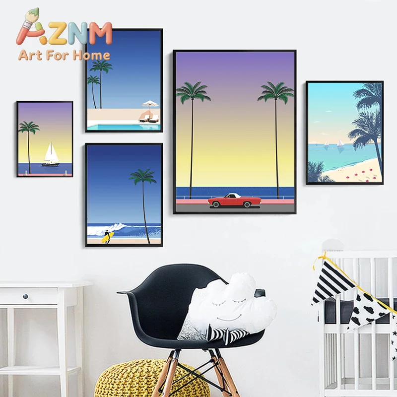 Coconut Tree Beach Seaside Sailboat Swimming Pool Posters and Prints Canvas Painting Wall Art Pictures Home Room Travel Decor