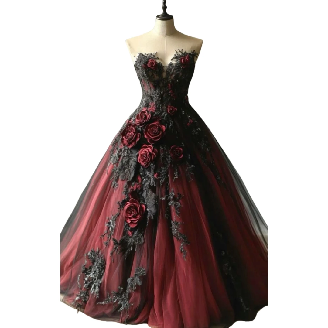 Strapless Dark Red And Black Gothic Wedding Dress Rose Flowers Lace Appliques Vintage Sweethart A-Line Bridal Gown Customized