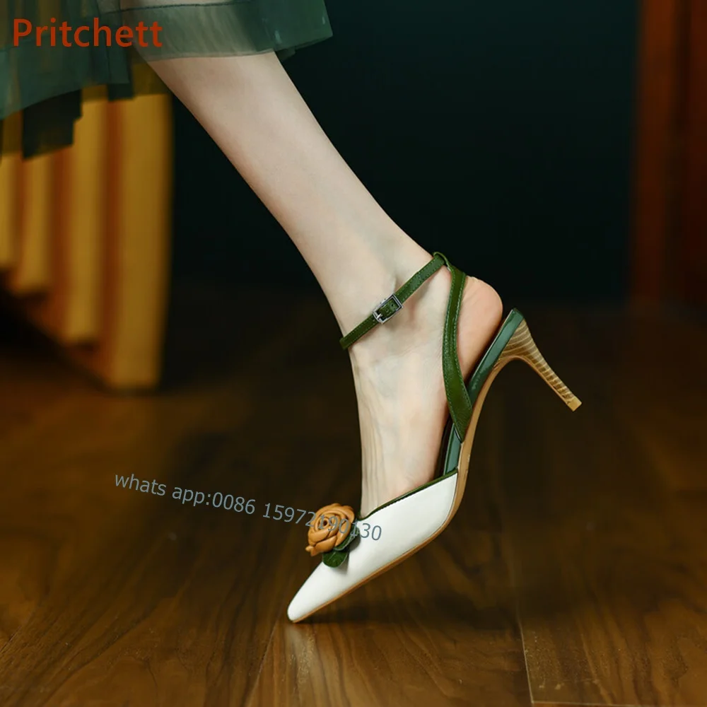 Flower Thin Heels Pointy Toe Pumps Buckle Strap Slingback Shoes Shallow Cowhide Wood Grain Vocation Pumps Summer Sweet Girl