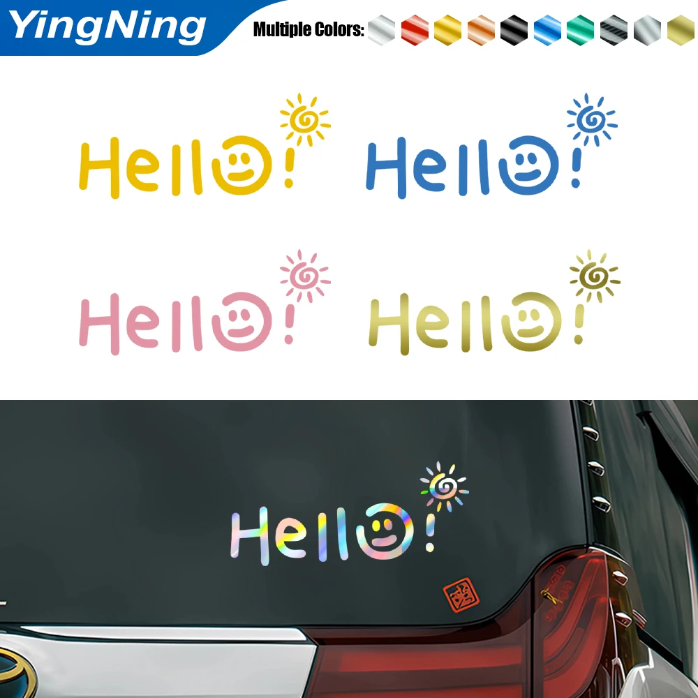 

Laser Holographic Hello Smiley Face Car Sticker Cute Sun Funny Vinyl Decal for Window Bumper Laptop Kawaii Auto Accessories