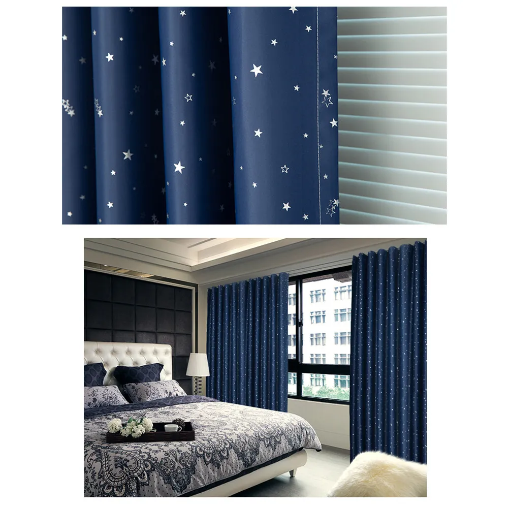 100x135cm Navy Stars Printed Blackout Window Curtains for Bedroom Living Room Kitchen Hall Dining Kids Room Full Privacy Sun