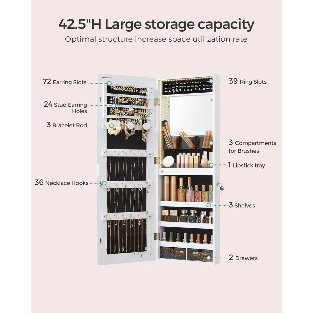 Mirror Jewelry Cabinet Armoire Organizer, Wall or Door Mount Storage Cabinet with Full-Length Frameless Lighted Mirror