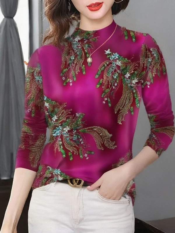 

Elegant Long Sleeve Printed T-Shirt Women's Thickened Fleece Warm Vintage Belly Covering Fashionable Polyester Fiber T-Shirt