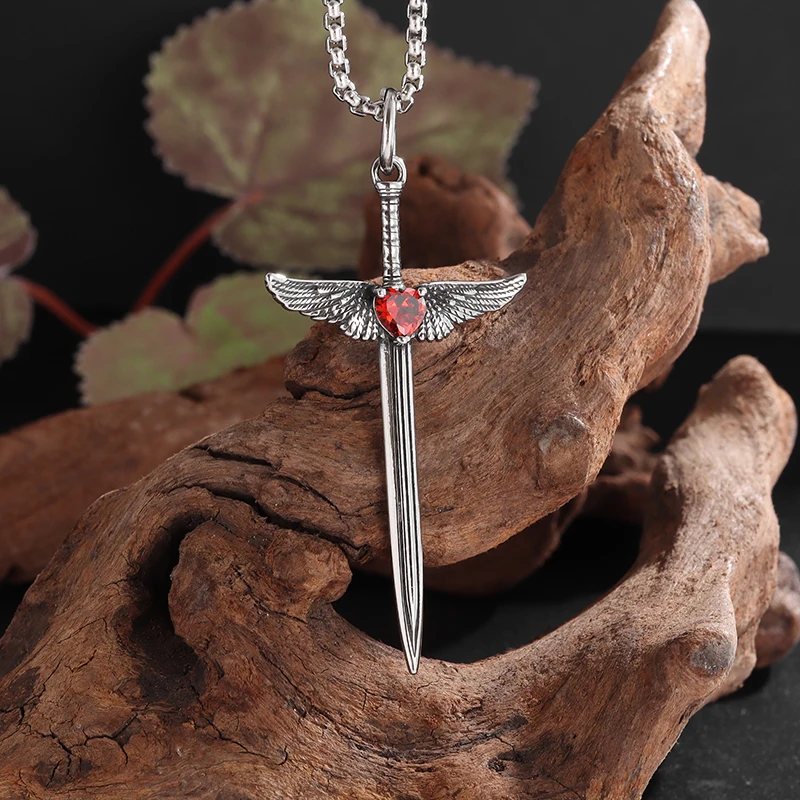 Retro Red Zircon Love Wings Cross Sword Pendant Necklace for Men and Women Personalized Pendant Jewelry Gifts