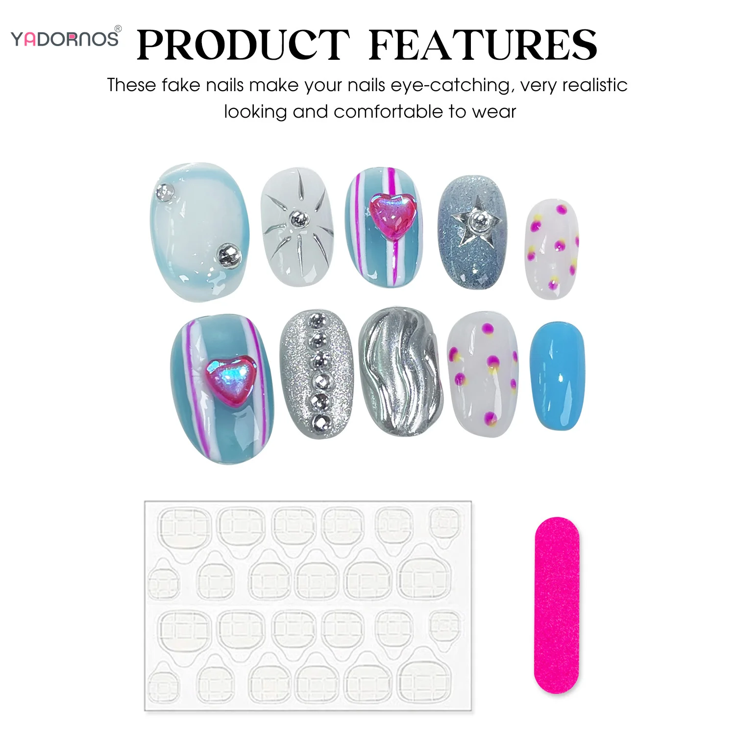 Unhas falsas artesanais para meninas e mulheres, desenhos de coração de amor rosa, manicure de metal prateado, imprensa redonda curta, unhas portáteis, Y2K, 10 peças