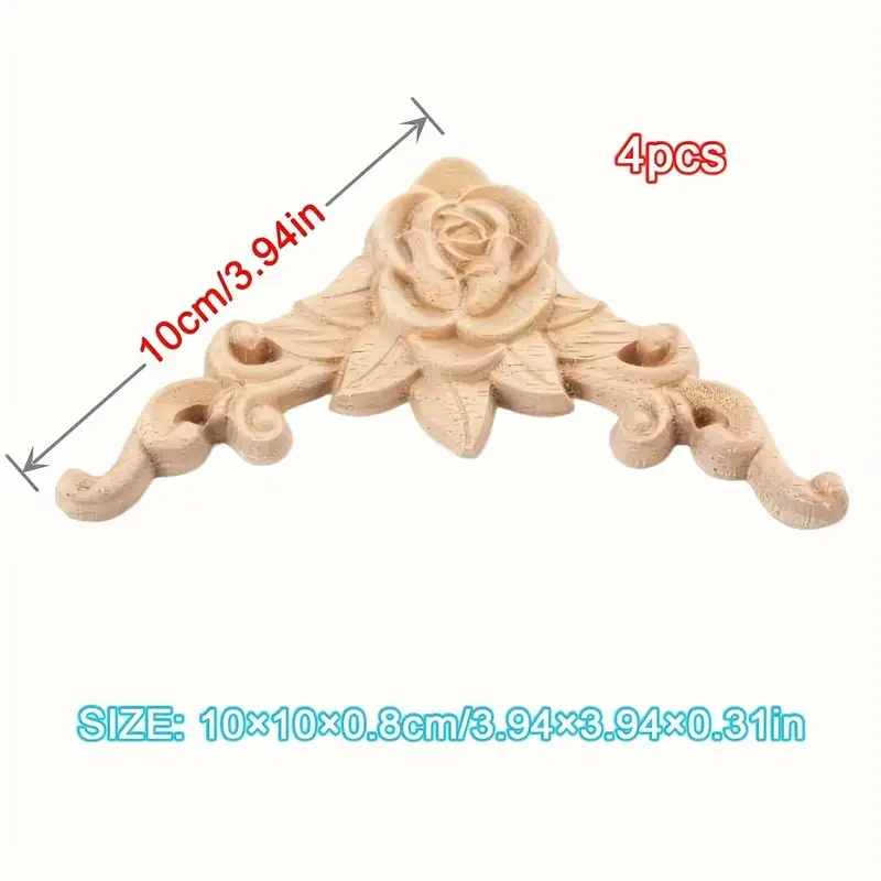 4Pcs Rose Carved Appliques Onlays Crafts Addition, 10x10cm/3.9