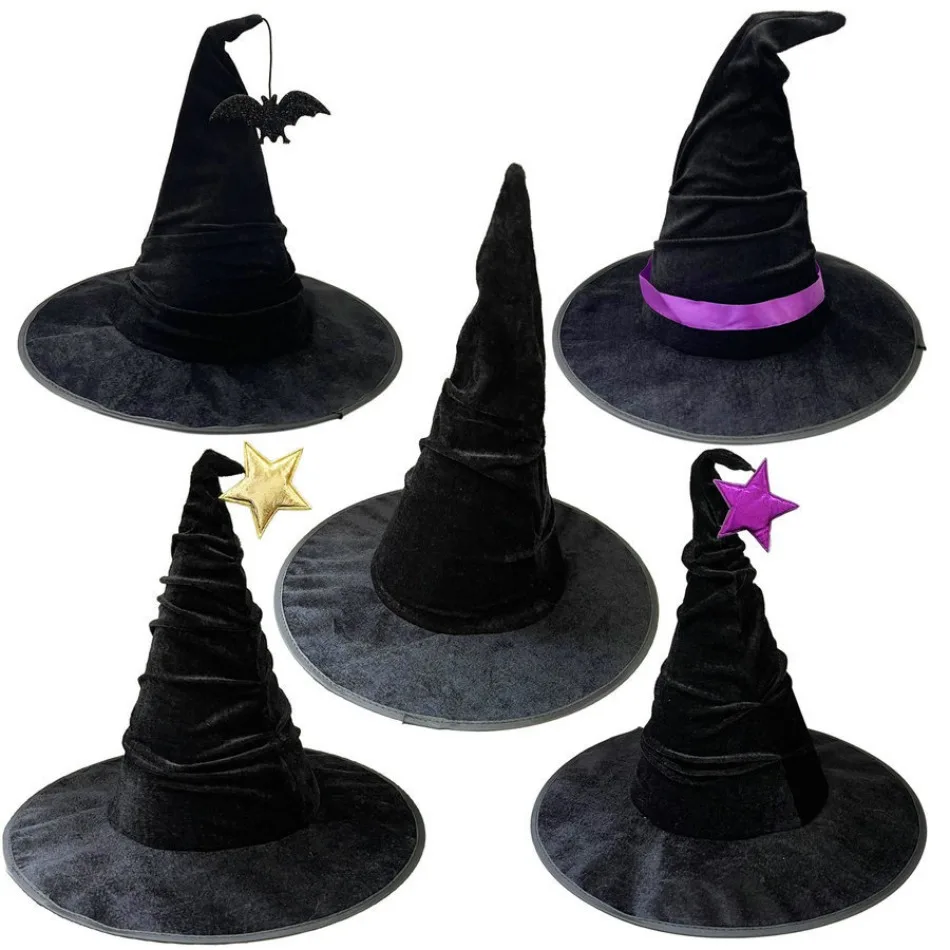 

5pcs Vintage Halloween Girl Witch Hat Costume Black Velvet Hat for Party Coseplay Masquerade Hat Festival Decoration Accessories