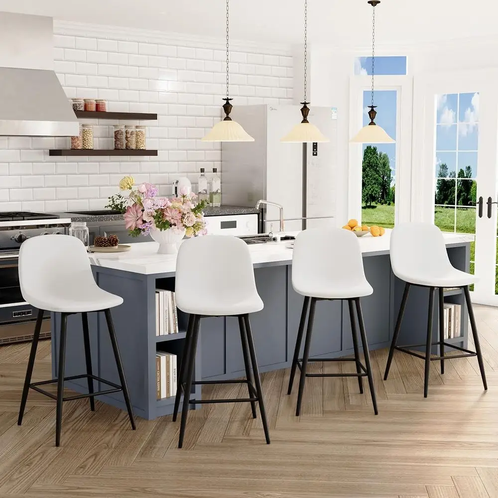 

Set of 4 White Faux Leather Bar Stools with Backrest and Footrest, 26 High Chairs for Kitchen Island, Cafe, Pub, and Dining Room