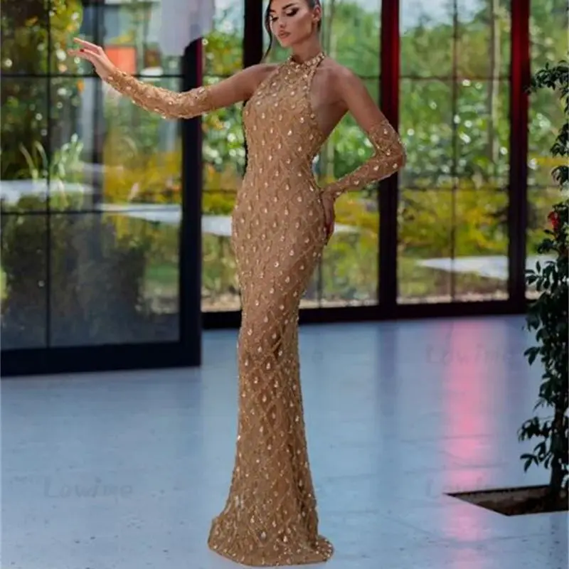 ﻿ Arabic Party Dress Champagne Evening Dresses 2024 Crystals Mermaid Long Gloves Celebrity Dresses Women Evening Gowns Customize