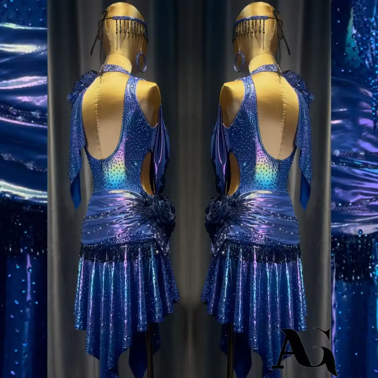 

Латинская танцовщица, высококачественное сине-фиолетовое платье с лазерным цветком для взрослых и детей, платье для выступлений из камня Tango Samba AB