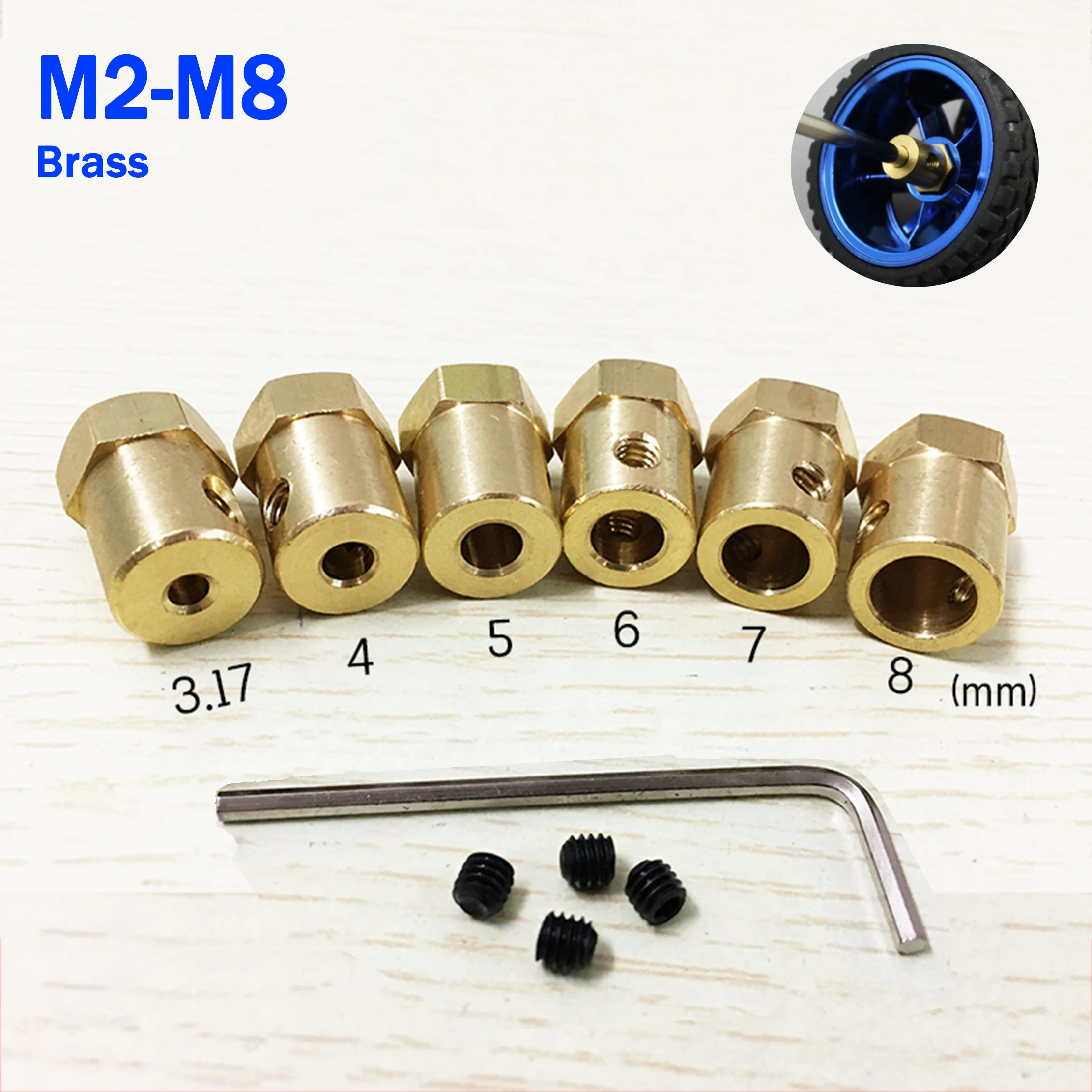 1Pcs Brass 2mm-8mm Hexagonal Shaft Coupling Motor Transmission Connector with Screws Wrench Model for Car Wheels Tires Shaft