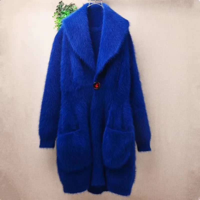 

900g Women Mujer Autumn Winter Fashion Blue Hairy Mink Cashmere Knitted Long Sleeves Turn-Down Neck Cardigans Sweater Jacket