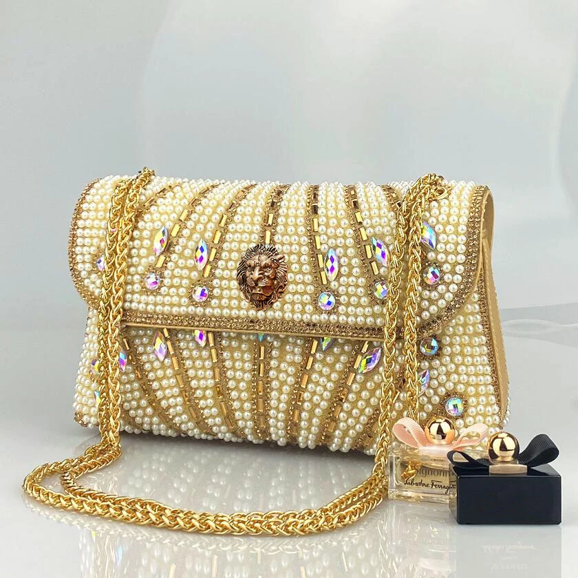 

Новая сумочка ручной работы с жемчугом для вечернего платья, элитный клатч с тигровой головой из страз, с ремешком через плечо и дизайном для ношения на бедре.