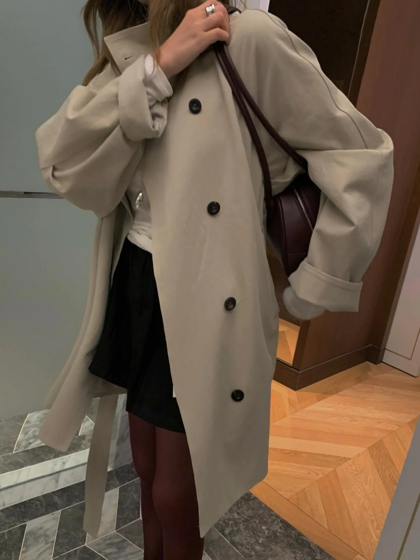 

Autumn Winter British Style Belted Waist Slimming Mid-Length Coat Women's Stand Collar Tie Waist Slim Fit Windbreaker Jacket