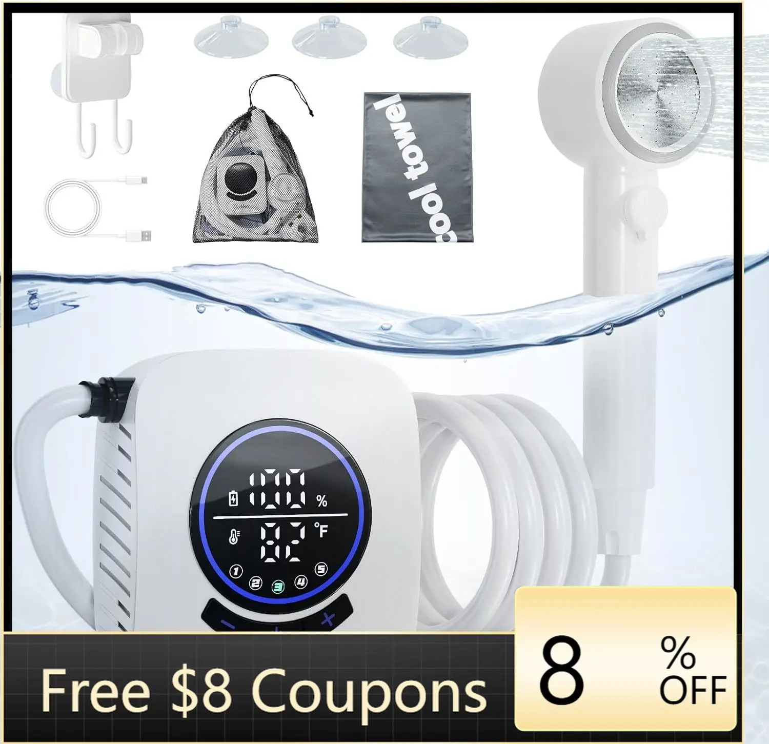 

STLF DZ WJW Advanced 8000mAh Portable Shower, Rechargeable Camping Shower with Intelligent Led Display, IPX8 Waterproof, 5-Speed