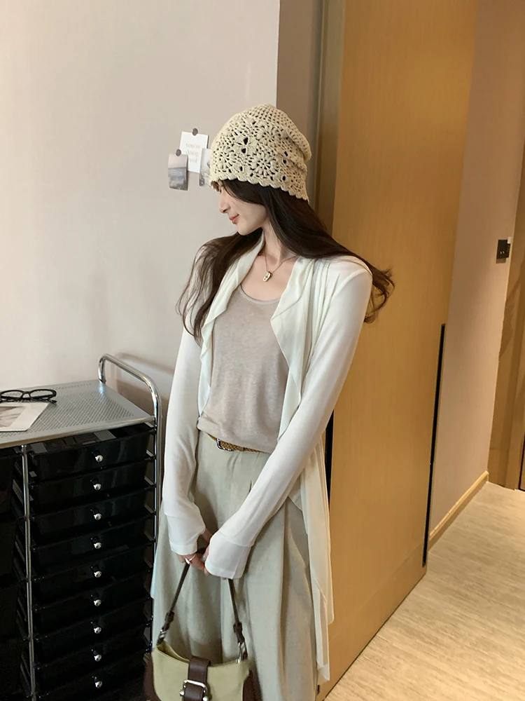 春夏軽量長袖レディース日焼け止め服レーストリムミドル丈カーディガンアウターデザインセンストップ