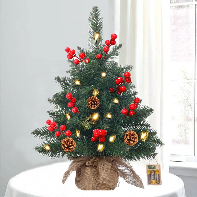 Mini Artificial Christmas Pine Tree with LED Light and Cloth Bag Base Christmas Decorations for Fireplace, Home Decor Indoor