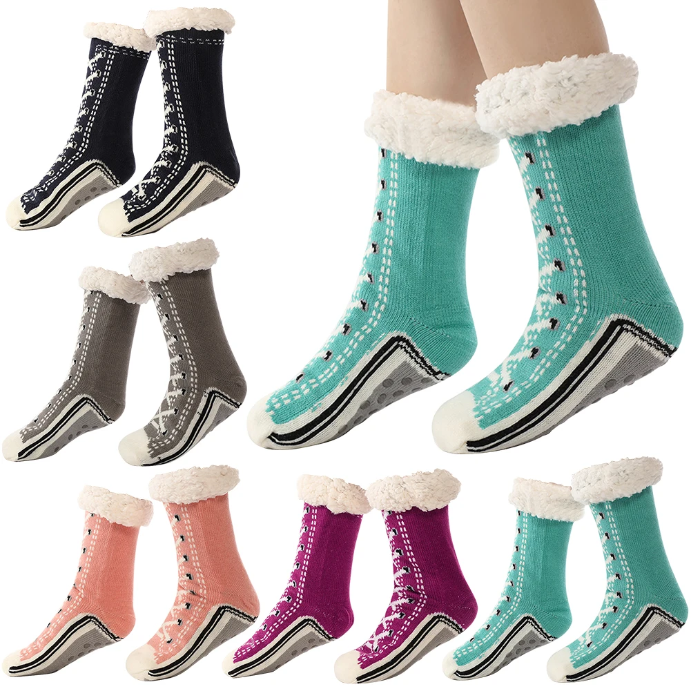 Thermal Fluffy Sock Women Winter Warm Plush Non Slip Home Sleeping Soft Female Floor Grip Fuzzy Slipper Sock Short Funny Tether