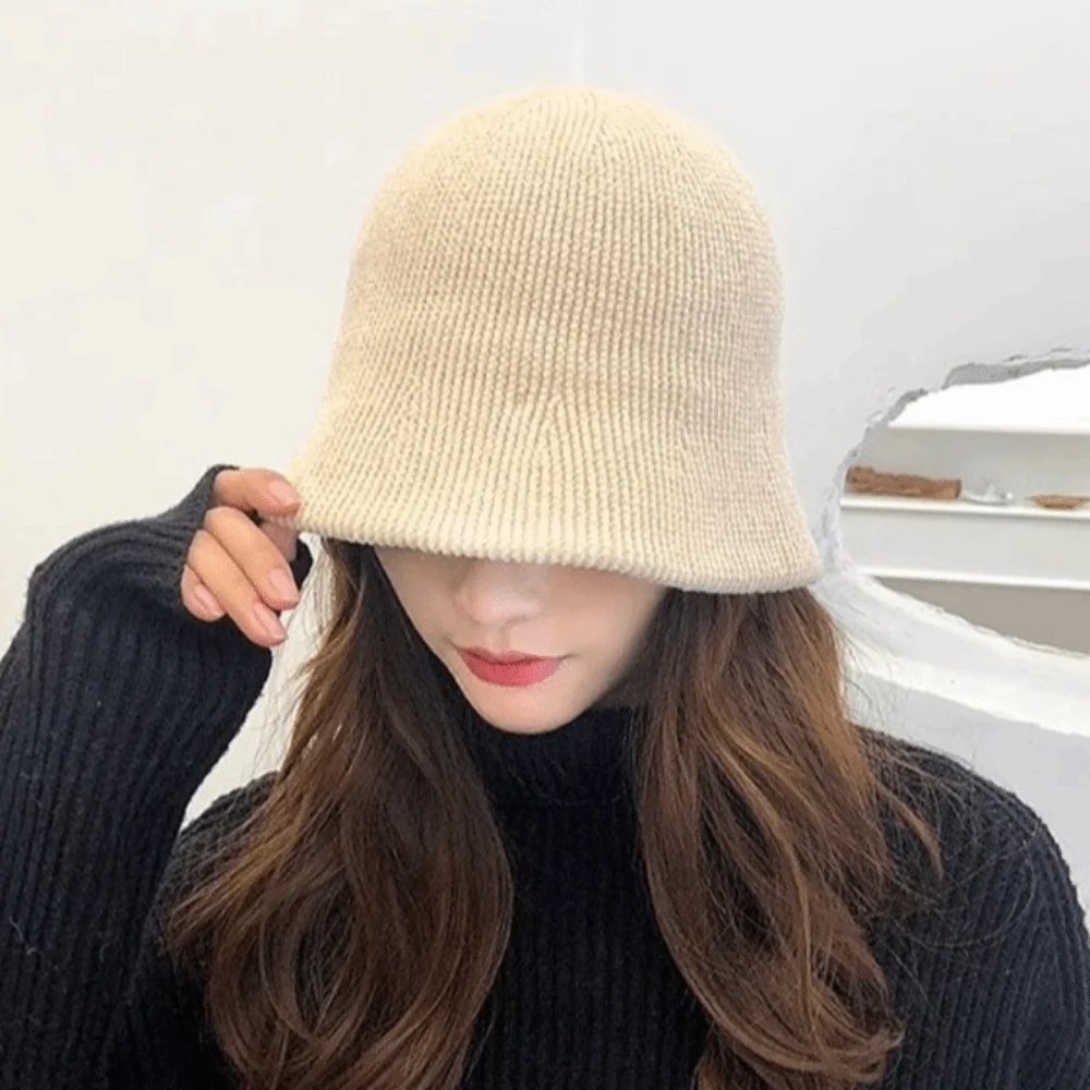 

Retro Chenille Knitted Fisherman Hat British Style Cold-proof Women Panama Cap Ear Warmer Solid Color Bucket Hat Girl