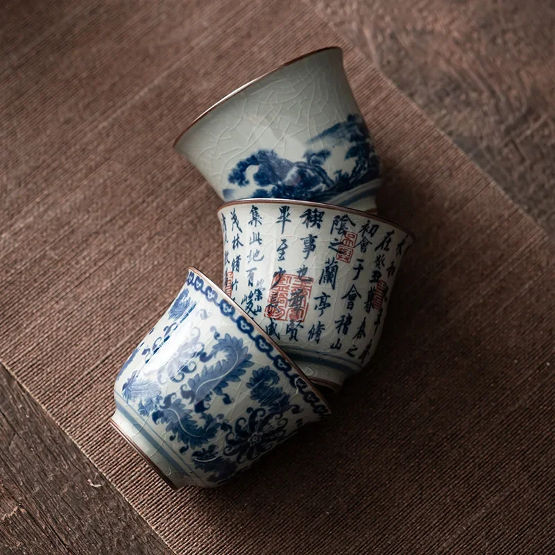 

1pc Antique Blue and White Tea Cup Ceramic Master Large Bowl Single Kung Fu Tea Set Chinese Cup