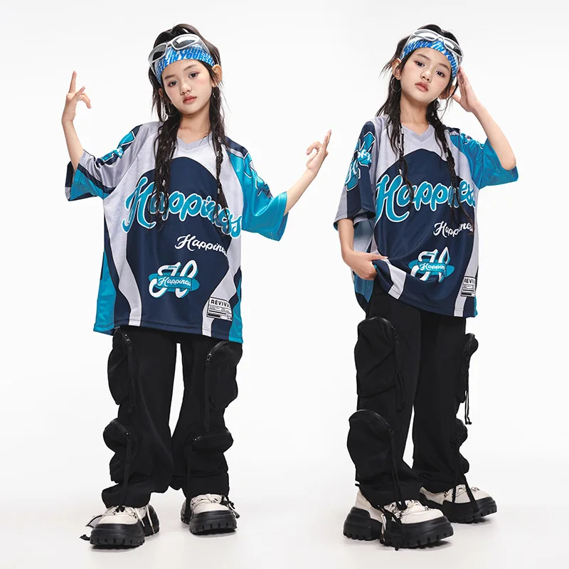 

Kid Hip Hop Clothing Navy Blue Gray V Neck T Shirt Black Casual Multi Pocket Cargo Pants for Girl Boy Jazz Dance Costume Clothes