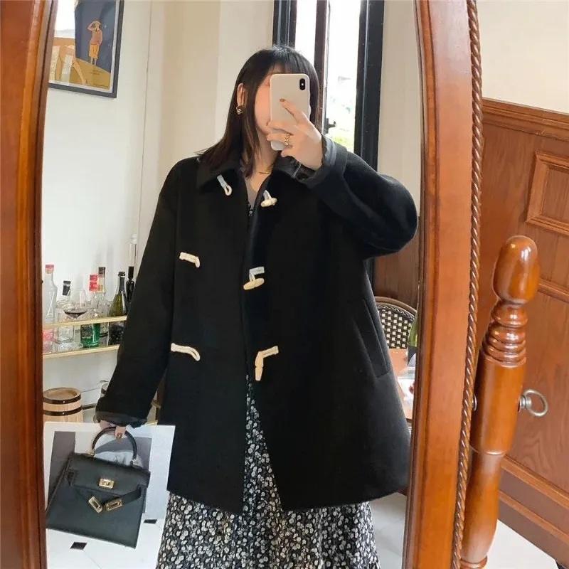 

New Arrival Women's Black Woolen Coat Korean Style Loose Fit Medium Long A Line with Cow Horn Buttons Perfect for Petite Women