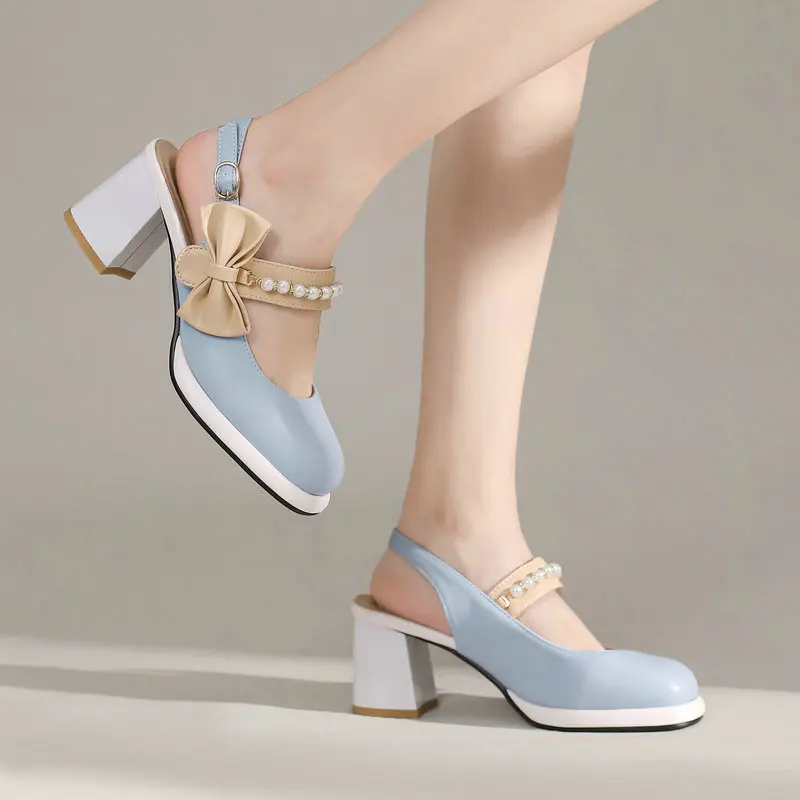 

Sweet Lovely Girls Summer Shoes Pearls Strap Bowtie Knot Blue Shoes Square Chunky High heels Closed Toe Women Platform Sandals