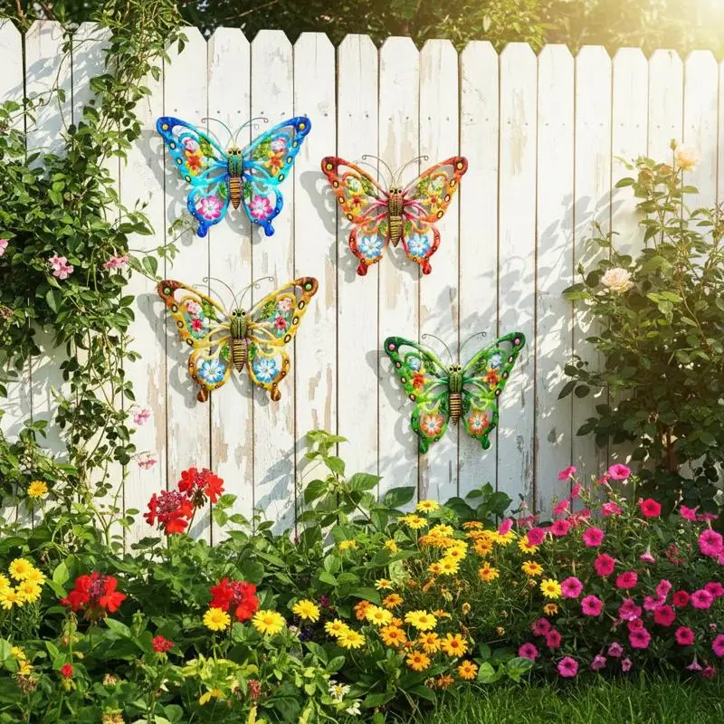 [S]Large Cutout Metal Butterfly Wall Art, Rust-Proof Outdoor Metal Sculpture For Garden Fence Patio