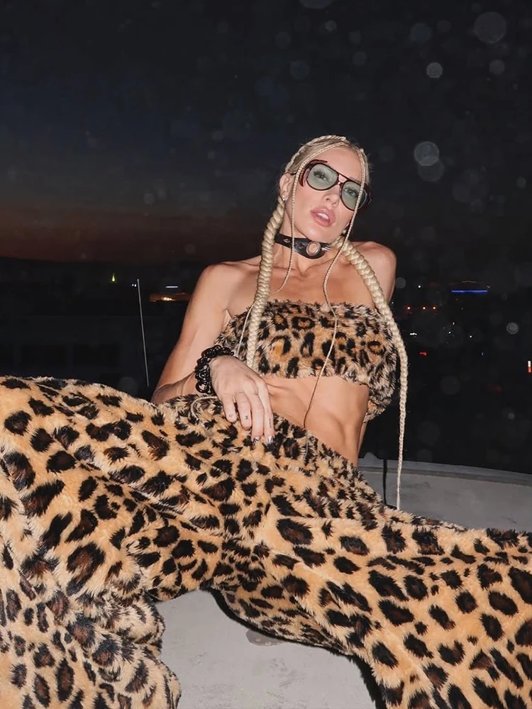 

Sisterlinda пушистый комплект из 2 предметов в стиле панк, женский укороченный жилет без рукавов с леопардовым принтом + широкие брюки, трендовые одинаковые уличные костюмы