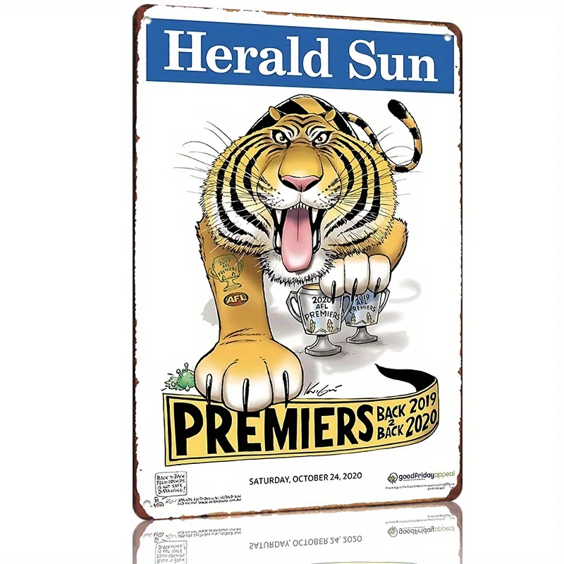 Herald Sun Premiers Back-to-Back 2020 AFL Metal Tin Sign, - Celebrate Triumphs! Vintage Tiger Illustration, Unive