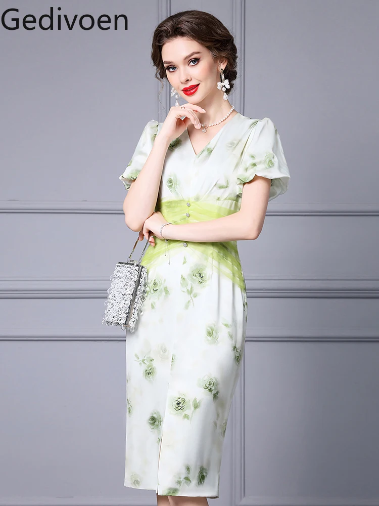 Gedivoen Summer Fashion Runway New Designer Short Puff Sleeve Printing Floral Tie Dye Forking Casual Style Pencil Dress