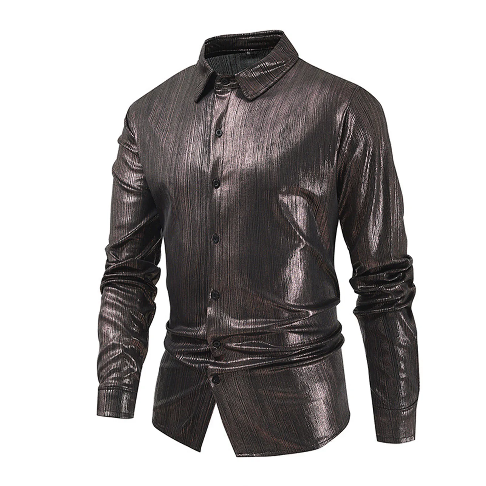 Men'S New Shirts Trend Shiny Long-Sleeved Solid Button Shirts Daily Causal Party Stage Performance Fashion Basic Shirts