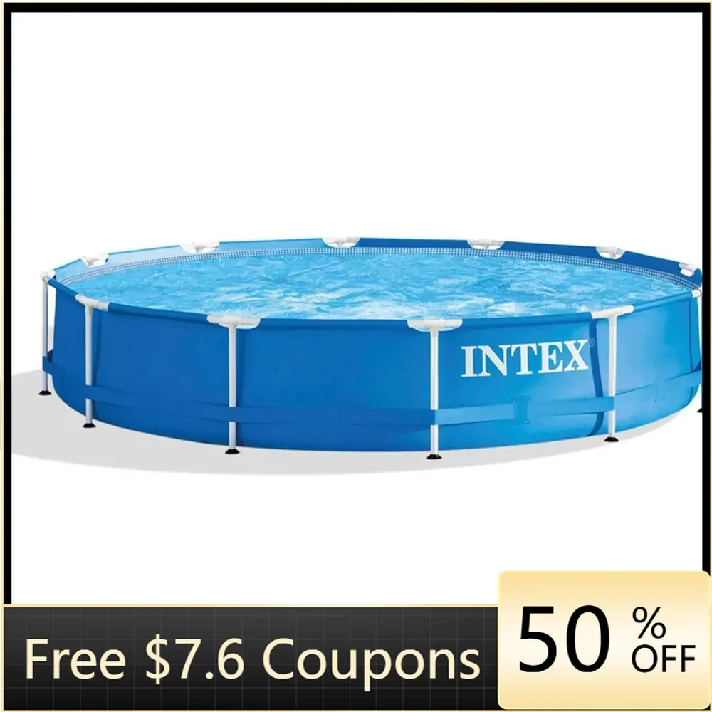 Metal Frame 12 ft x 30 in Round Above Ground Outdoor Backyard Swimming Family Pool for Kids and Adults Ages 6 and Up, Blue