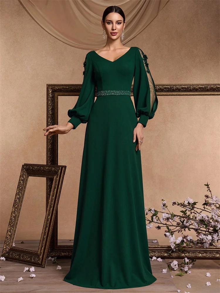 Xuibol luxo applique mangas compridas até o chão verde formal vestido de noite feminino elegante festa de casamento com decote em v cocktail baile