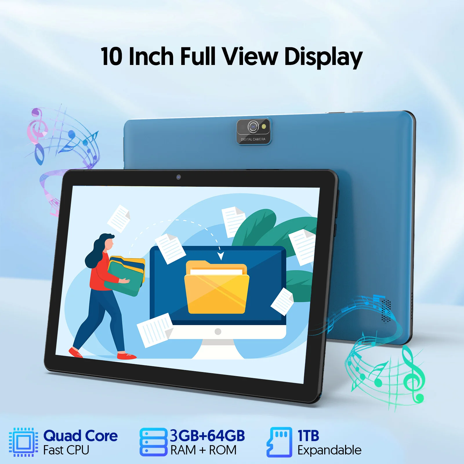 BAKEN 10-inch Android 13 tablet, quad-core processor, 7GB (3g+4g memory expansion) RAM+64GB ROM, dual camera, wifi, Bluetooth
