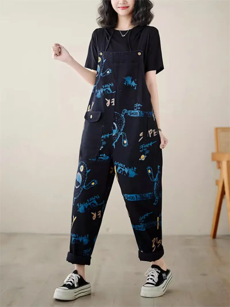 Casual Printed Retro Denim Jumpsuit Jeans Overalls Women 2024 Fashion Spring Summer Temperament Versatile Strap Pants K771 ﻿