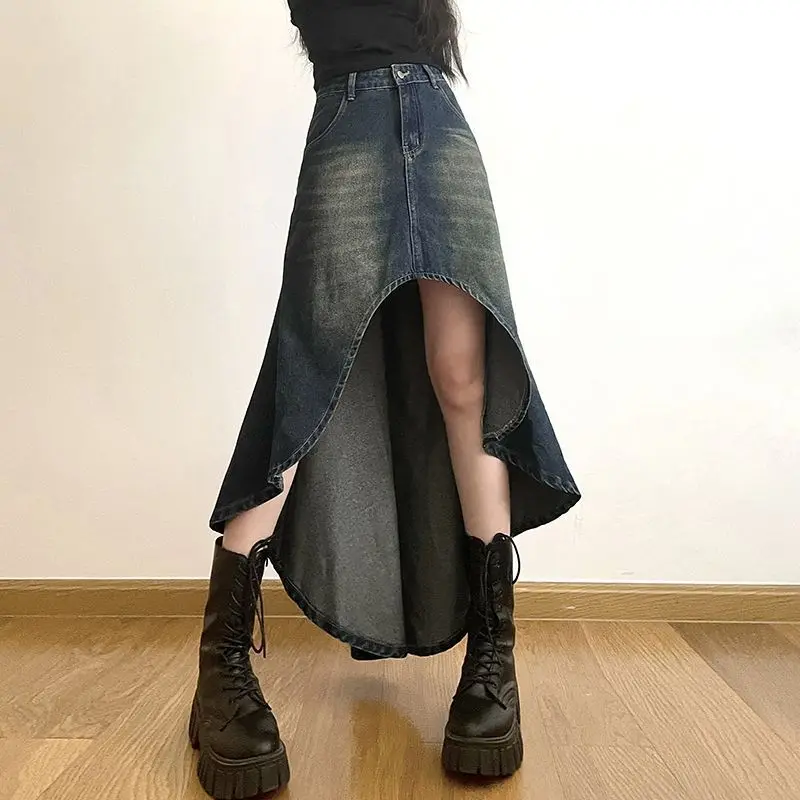 Denim Skirt  Asymmetrical High Waist Basic Women Clothing Sexy Blue A-Line Skirts Lift Hips Show Thin Retro Large Size Skirts