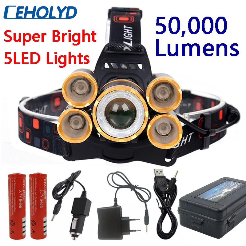 

5Led Headlamp XM-T6 USB Rechargeable Power By 18650 Battery Head Flashlight Torch Fishing Cmaping Lantern Lamp Hiking Zoom Light